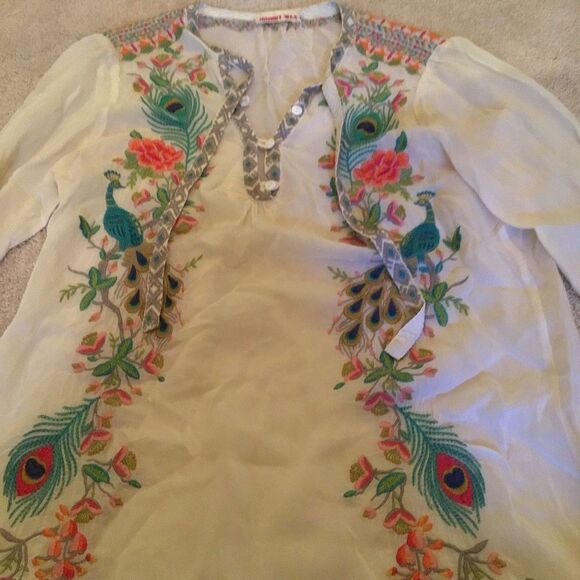 Johnny Was Peacock Sable Embroidered White Blouse with Floral Accents - Picture 6 of 9